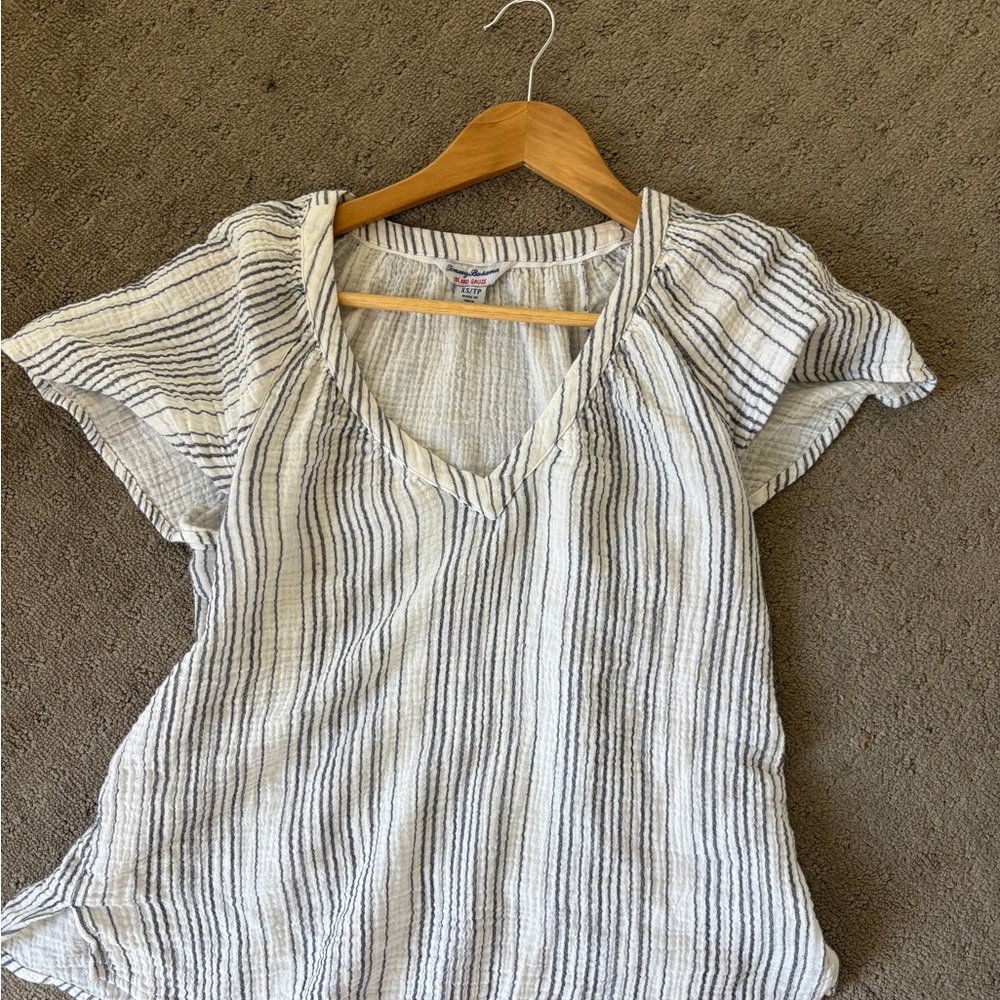 Tommy Bahama White and Blue Striped V-Neck Blouse